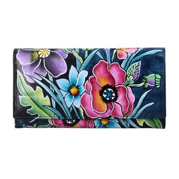 SUKRITI - handbemalte Brieftasche aus echtem Leder mit RFID Schutz, Gr&ouml;&szlig;e 18,5x11cm, Blumenstrau&szlig;
