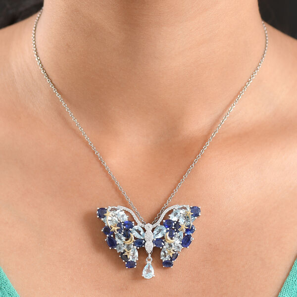 GP Trionfo Kollektion Himmelblauer Topas, Masoala Saphir (Fissure gef&uuml;llt) Anh&auml;nger mit kette ca. 50 cm, 925 Silber Rhodiniert und 750 Gelbgold Vermeil ca. 19.62 ct image number 2