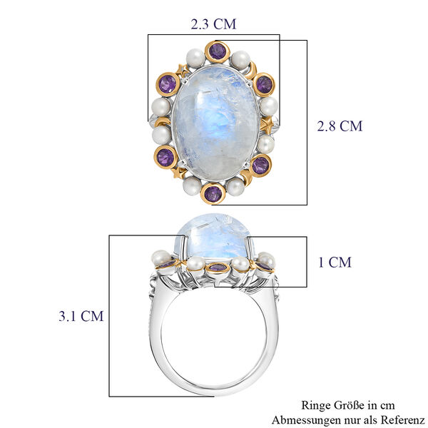GP - Regenbogen Mondstein, S&uuml;&szlig;wasser Perle (3mm) Ring 925 Silber Rhodiniert und 750 Gelbgold Vermeil (Gr&ouml;&szlig;e 20.00) image number 7
