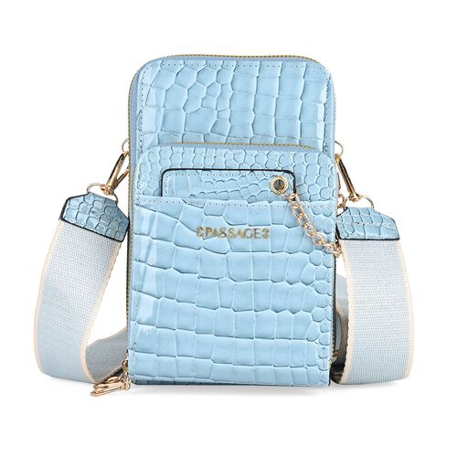 PASSAGE Crossbody Tasche aus PU-Lackleder mit Krokoprägung und RFID-Schutz, 18x7x11 cm, Himmelblau image number 0