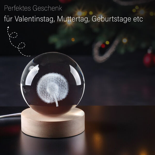 3D Kristallkugel mit LED-Licht und Holzsockel, Pusteblume image number 4