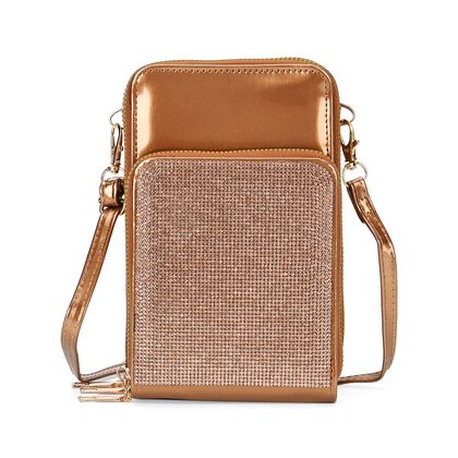 Elegante Umh&auml;ngetasche mit RFID Schutz, gl&auml;nzende PU-Tasche, 3 Rei&szlig;verschlussf&auml;cher, 5 Kartenf&auml;cher, Gr&ouml;&szlig;e 18 x11x6,5 cm, Bronzegoldfarben