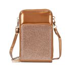 Elegante Umhängetasche mit RFID Schutz, glänzende PU-Tasche, 3 Reißverschlussfächer, 5 Kartenfächer, Größe 18 x11x6,5 cm, Bronzegoldfarben