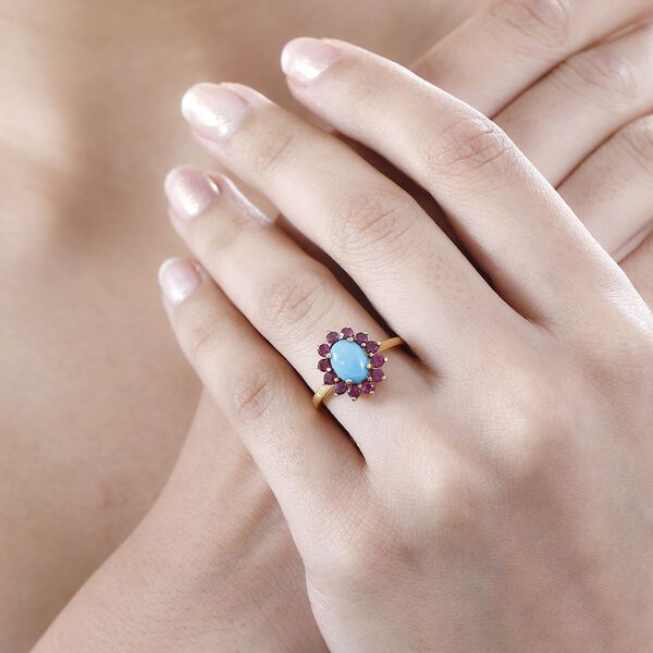 AA Sleeping Beauty T&uuml;rkis, Afrikanischer Rubin (Fissure gef&uuml;llt) Ring 925 Silber 750 Gelbgold Vermeil (Gr&ouml;&szlig;e 16.00) ca. 1,92 ct image number 3