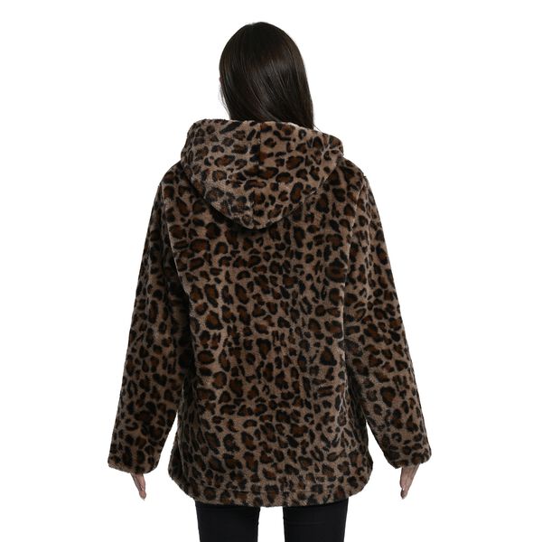 LA MAREY - Kunstfell Wintermantel mit Kapuze, Leopardenmuster, Größe L, Braun image number 2