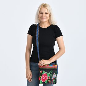 Blumen Stickerei Umhängetasche, verstellbarer Riemen, 23 x 24 cm, Pink Grün