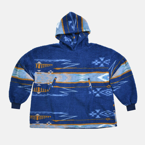 Sherpa Hoodie, Ikat Muster, dunkelblau image number 0