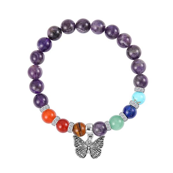 2er Set - Schmetterling Anhänger mit Mehrfarbigen und Amethyst Edelsteinperlen Chakra Halskette und Armband image number 6