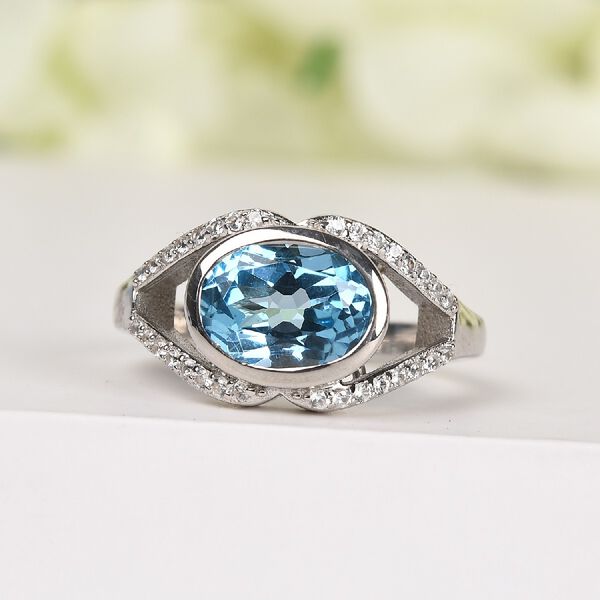 Blauer Topas und Zirkon Ring 925 Silber Platin-&Uuml;berzug image number 2