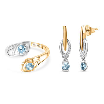 D'Joy blauer Zirkon zweifarbiger Ring und Ohrringe