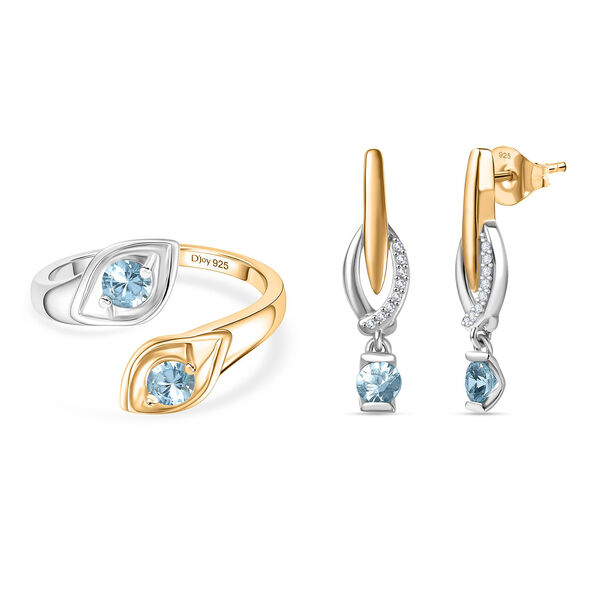 D'Joy blauer Zirkon zweifarbiger Ring und Ohrringe