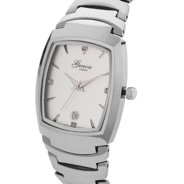 GENOA - Weißer Kristall Armbanduhr mit Datumsanzeige, Wolframstahlgehäuse, Reiner Edeslstahl, Silber image number 2