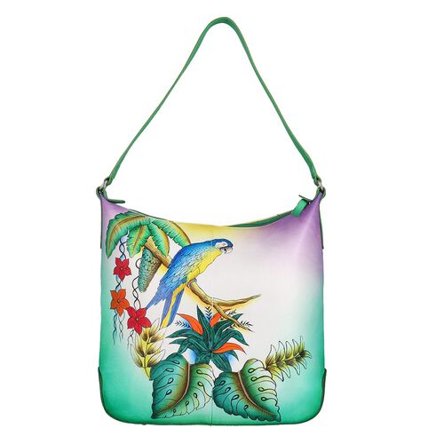 SUKRITI - handbemalte Handtasche aus echtem Leder mit RFID Schutz, Tropical Grün image number 0