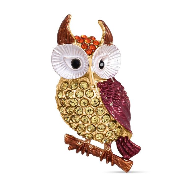 Emaillierte und mehrfarbige Kristall-Brosche, Eule
