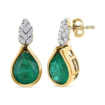 Smaragd-Quarz Triplette, wei&szlig;er Zirkon Ohrringe, 925 Silber vergoldet ca. 5.99 ct