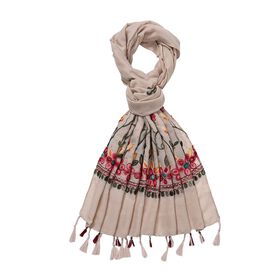 Schal mit Diamantstickerei auf beiden Seiten und Fransen, 68x180 cm, Beige