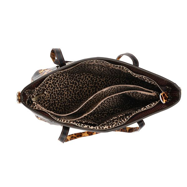 "Chaos by Elsie Genuine Leather Tote bag with RFID Color:black with brown leopard  Embossed crocdile shining rhomboid pattern Size:30*14*27cm           Wall: Genuine Leather Lining: Polyester                Exterior:zipped-2, Interior:zipped-2 , slip-2 image number 6