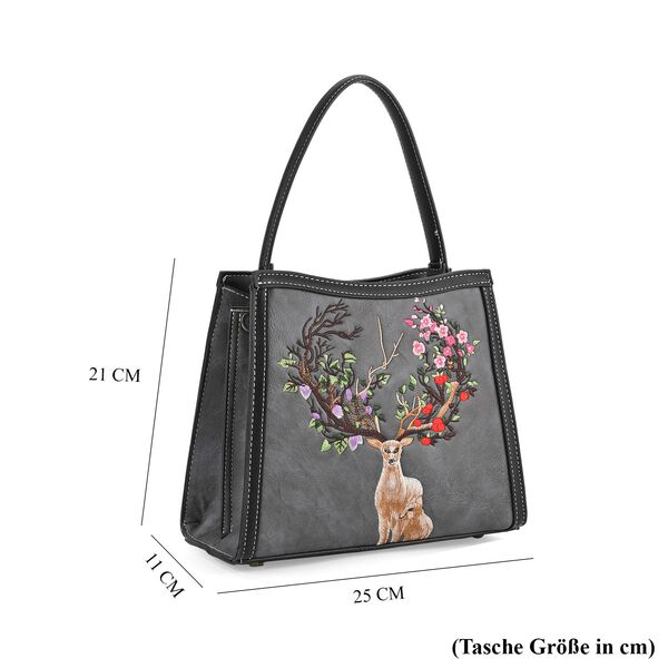 "PU Embroidered crossbody bag Color: Grey Size:  25*11*21cm   Wall: PU Lining: Polyester Exterior:zipped-1,pocket-1 Interior: zipped-2,slid-1 Long Shoulder strap:130cm " image number 8