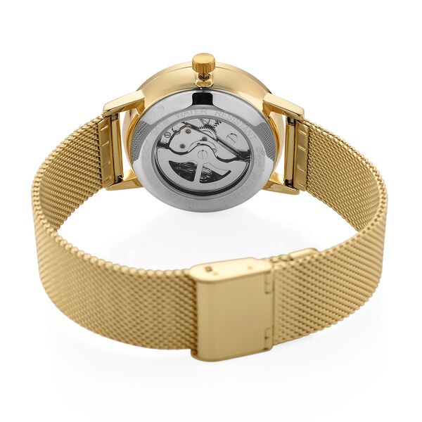 GENOA TIME - V2 Automatik Armbanduhr, Geh&auml;use 316 Edelstahl Sonnenschein Zifferblatt mit wei&szlig;em Diamant Edelstahl Mesharmband goldfarben image number 7