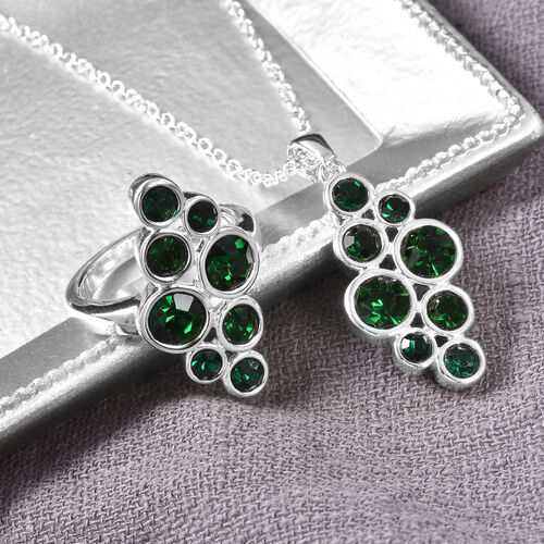 2er- Set grüner Kristall-Ring und Anhänger mit Kette, ca. 50 cm, Edelstahl image number 1