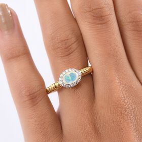 D'Joy AA Natürlicher, äthiopischer Welo Opal, Weißer Zirkon Ring 925 Silber vergoldet (Größe 20.00) ca. 0.67 ct