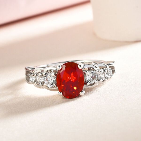 Mexikanischer Kirschfeuer-Opal und Zirkon Ring 925 Silber Platin-Überzug image number 2