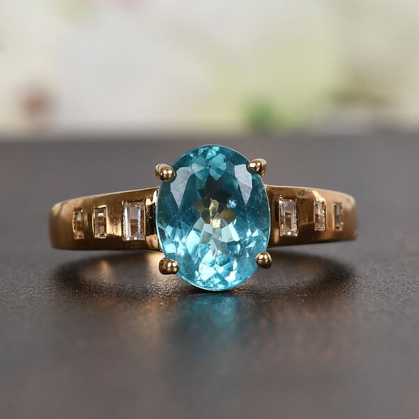 Blauer Apatit und Zirkon Ring 925 Silber 585 Vergoldet image number 2