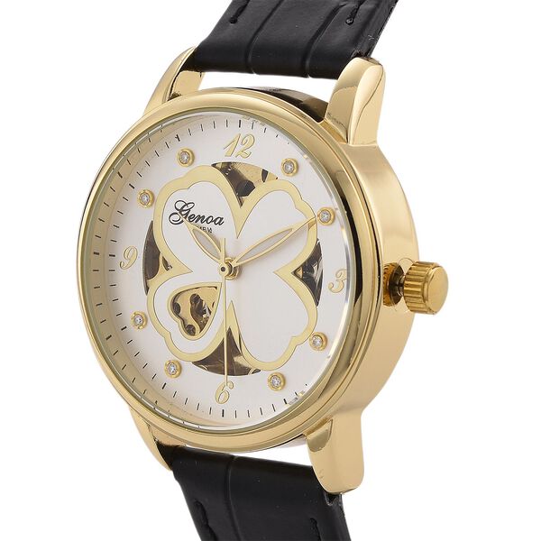 GENOA TIME V2 Automatikuhr mit Automatikwerk, Zifferblatt mit Blumenmuster und Moissaniten, schwarzes Lederarmband, 36 mm, ca. 0,08 ct. image number 3