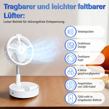Faltbarer und wiederaufladbarer Ventilator mit LED-Licht und USB-Kabel, Wei&szlig;