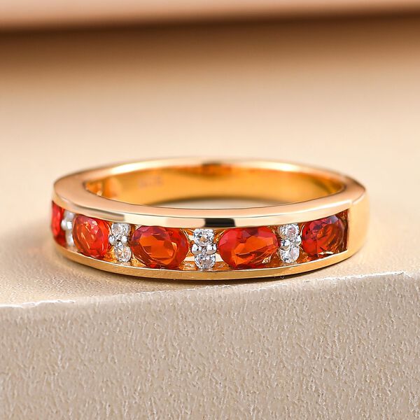 Mexikanischer Kirschfeuer-Opal und wei&szlig;er Zirkon-Ring, 925 Silber vergoldet (Gr&ouml;&szlig;e 21.00) ca. 0.73 ct image number 2