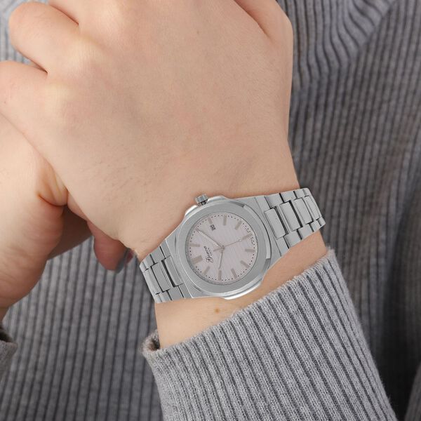 Genoa Time V2 - PC32 Japanisches Uhrwerk, Datumsanzeige, robustes Gehäuse in PNP-Stahloptik, weißes Zifferblatt mit hydraulischen Details, Edelstahlarmband image number 2