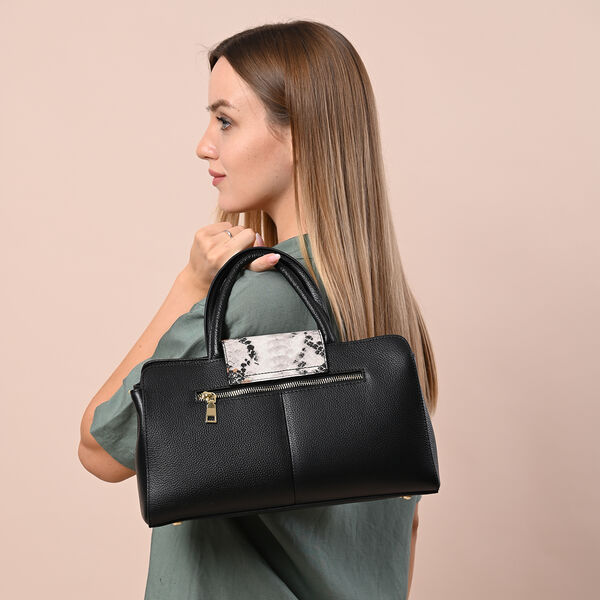 Handtasche aus 100% echtem Leder, Schlangenmuster, Schwarz und Beige&nbsp; image number 3