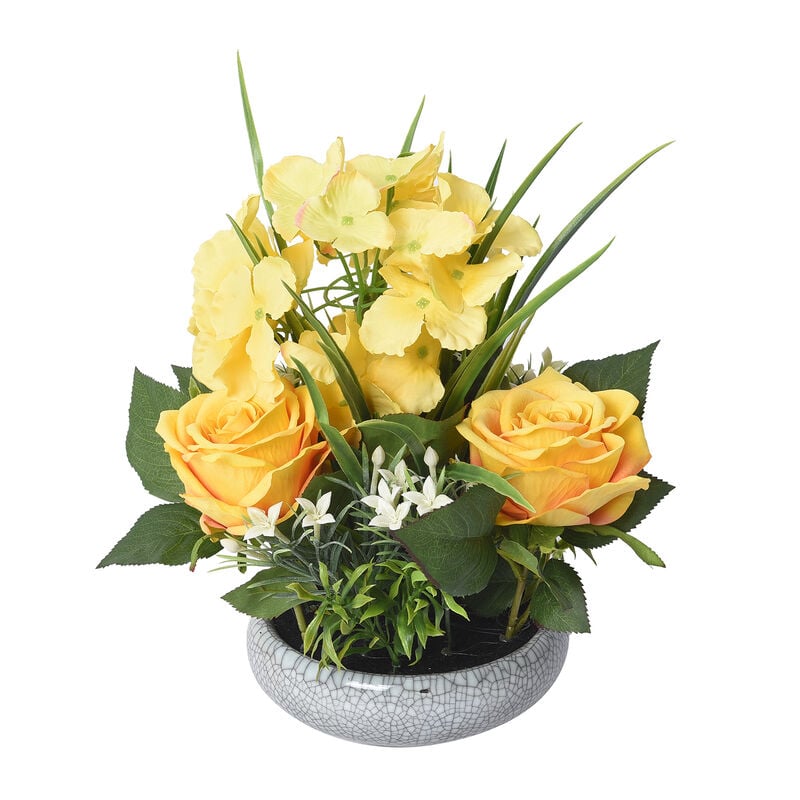 Gelbe Rosen und Hortensien Blumentrauß im Keramiktopf image number 0