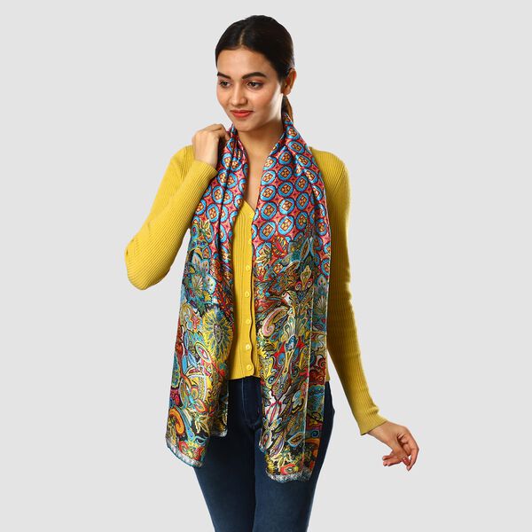 100% nat&uuml;rlicher Satin Seiden Schal, Arabeske Muster, Mehrfarbig image number 2