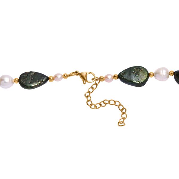 Gefärbte grüne Jade, Weiße Süßwasser Perle Halskette ca. 45 cm Edelstahl vergoldet image number 4