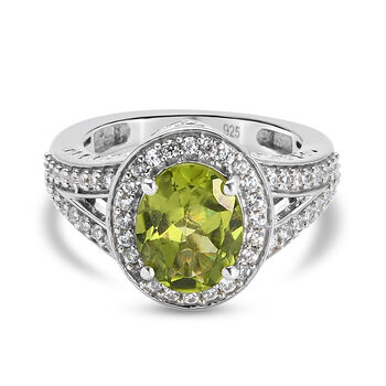 Nat&uuml;rlicher Peridot und Zirkon Ring 925 Silber platiniert (Gr&ouml;&szlig;e 20.00) ca. 3,01 ct