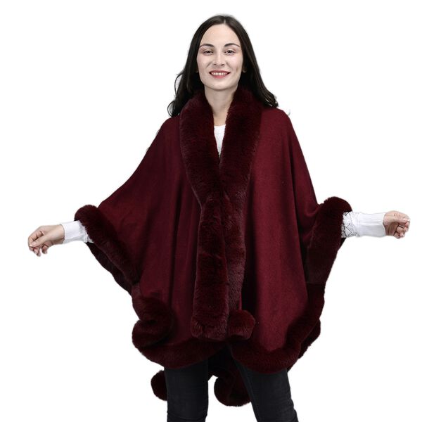 TAMSY Ruana mit Kunstfellbesatz, Einheitsgr&ouml;&szlig;e Burgunderrot