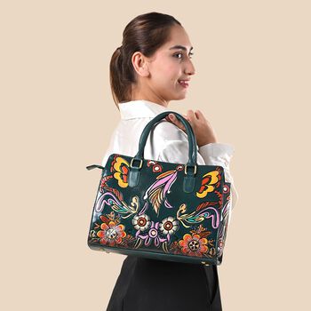 Handbemalte Satchel-Tasche aus 100% Echtleder mit kunstvoller Pr&auml;gung und Blumen-Design, 31x10x23cm, Gr&uuml;n