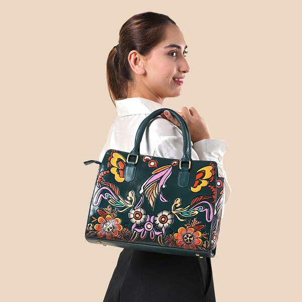 Handbemalte Satchel-Tasche aus 100% Echtleder mit kunstvoller Pr&auml;gung und Blumen-Design, 31x10x23cm, Gr&uuml;n image number 3