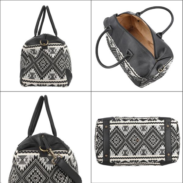 Stillvolle Weekender-Tasche aus 100% echtem Leder mit handgewebtem Dekor, schwarz image number 6
