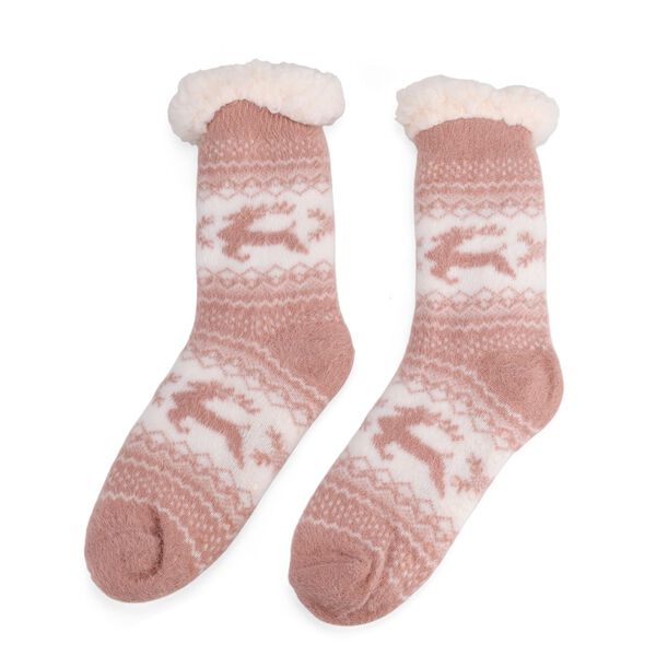 Kuschelige Sherpa Socken, Rentiermuster, Rosa image number 0