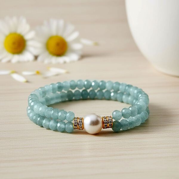 Flexibles Muschelkernperle, blaues Quarzit und wei&szlig;es Kristall Armband image number 2