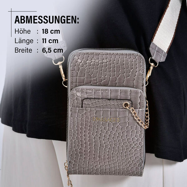 PASSAGE Crossbody Tasche aus PU-Lackleder mit Krokoprägung und RFID-Schutz, 18x7x11 cm, Taupe image number 3