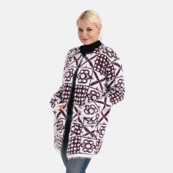 Gemusterter Cardigan mit Taschen, Einheitsgröße, Retro-Muster, Weinrot image number 2