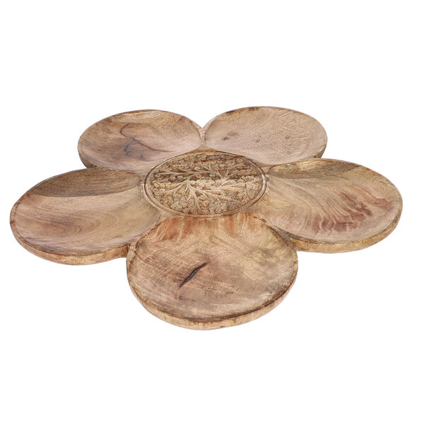 NAKKASHI - Handgeschnitztes drehbares Serviertablett aus Mangoholz, 40 cm Durchmesser, Antikes Finish