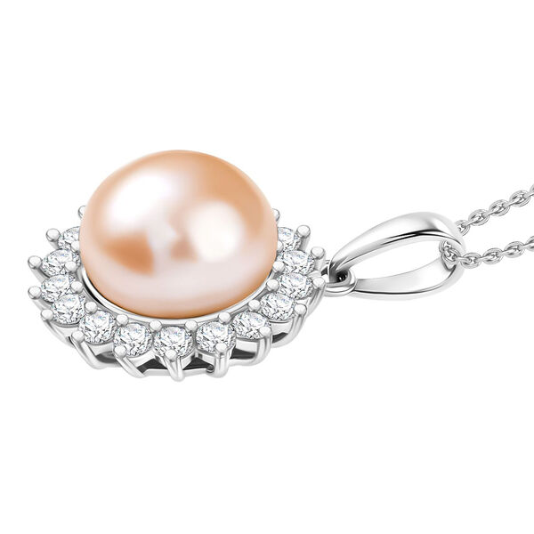 Pfirsich-S&uuml;&szlig;wasser Perle (8.5-9 mm), Wei&szlig;er Zirkon Schmuckset ca. 50 cm 925 Silber rhodiniert image number 3