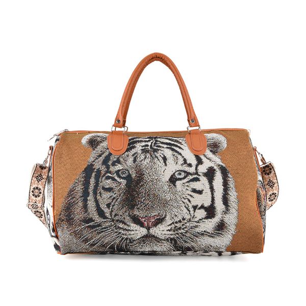"Life style Color:brown with tiger print /Profile:Duffel bag wall(exterior):Polyester    Lining(interior): polyester; Pockets(exterior):Zipped-1 Pockets(interior):none Measurement:45*23*27cm           " image number 4