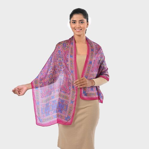 Bedruckter Schal aus 100% Seide, Multicolor-Muster mit roter Bordüre, ca. 70 x 200 cm