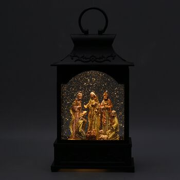 Weihnachts-Laterne mit Schnee und LED, Gr&ouml;&szlig;e 16,7x9x28,6 cm, Schwarz, Krippe