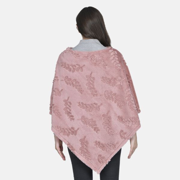 Weicher Kunstfell Poncho mit 3D Bl&auml;tter Motiv, 85x100 cm, Altrosa image number 1